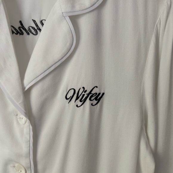 SLEEPER white text embroidered Mrs. Yohannes wifey button up pajama shirt - Picture 4 of 10